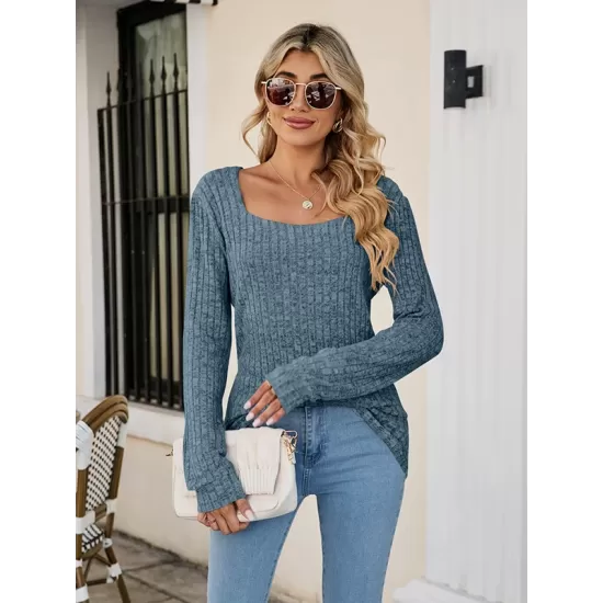 Casual Long Sleeves Skinny Solid Color Square-Neck Sweater Tops