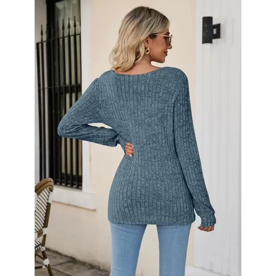 Casual Long Sleeves Skinny Solid Color Square-Neck Sweater Tops