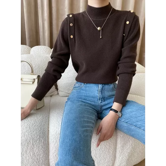 Buttoned Split-Joint Long Sleeves High-Neck Sweater Tops