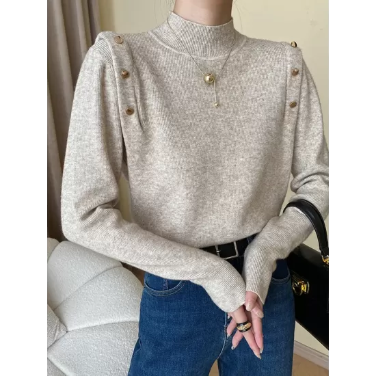 Buttoned Split-Joint Long Sleeves High-Neck Sweater Tops