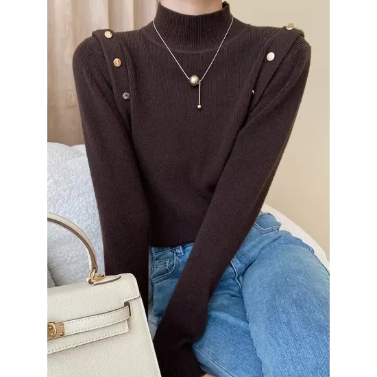 Buttoned Split-Joint Long Sleeves High-Neck Sweater Tops