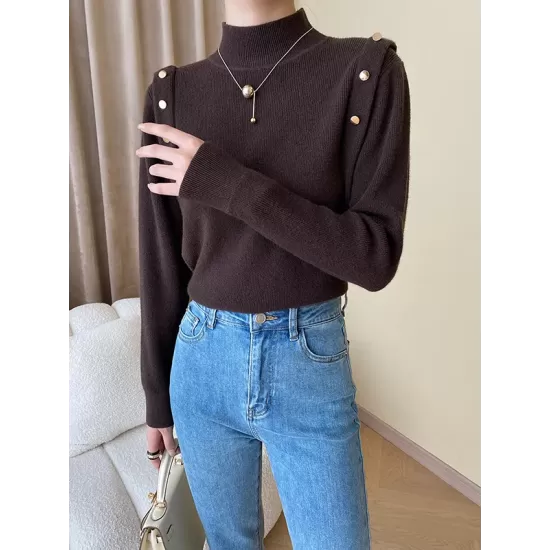 Buttoned Split-Joint Long Sleeves High-Neck Sweater Tops