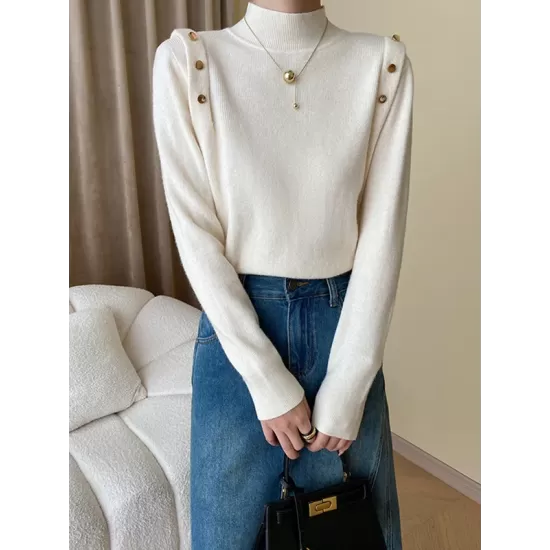 Buttoned Split-Joint Long Sleeves High-Neck Sweater Tops