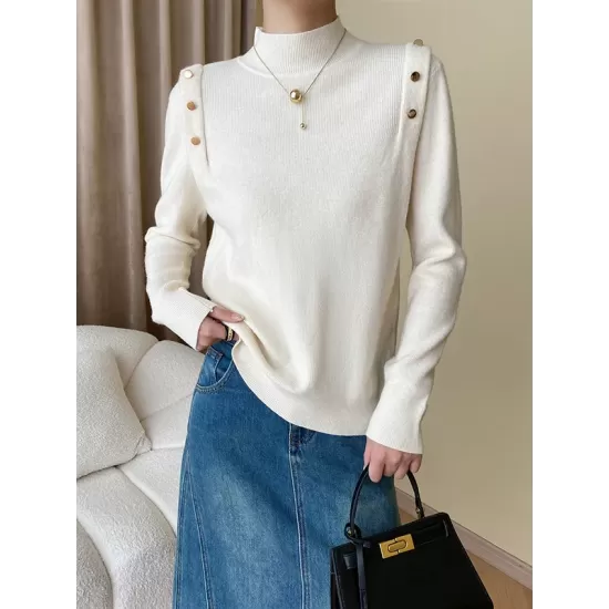 Buttoned Split-Joint Long Sleeves High-Neck Sweater Tops