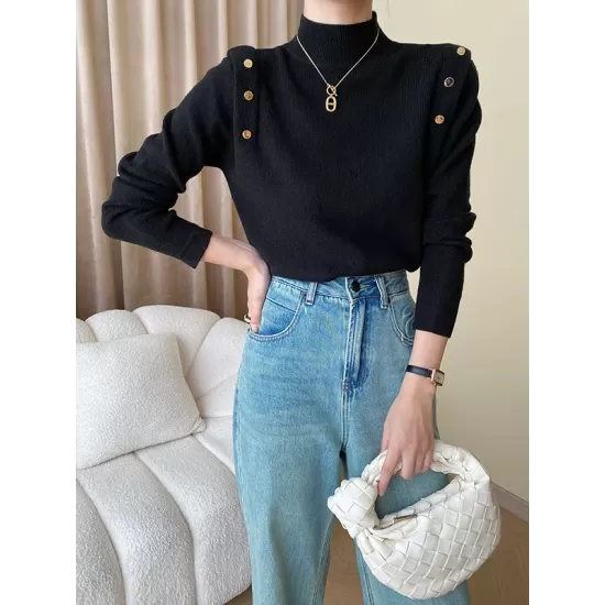 Buttoned Split-Joint Long Sleeves High-Neck Sweater Tops