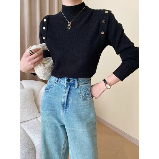 Buttoned Split-Joint Long Sleeves High-Neck Sweater Tops