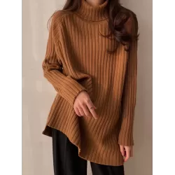 Casual Long Sleeves Loose Split-Side Solid Color High-Neck Sweater Tops