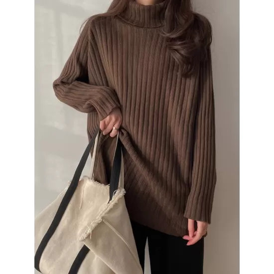 Casual Long Sleeves Loose Split-Side Solid Color High-Neck Sweater Tops