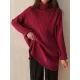 Casual Long Sleeves Loose Split-Side Solid Color High-Neck Sweater Tops