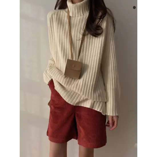 Casual Long Sleeves Loose Split-Side Solid Color High-Neck Sweater Tops