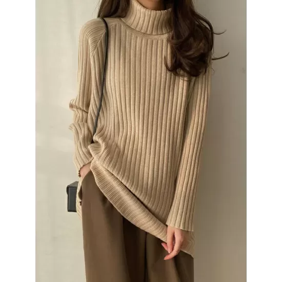 Casual Long Sleeves Loose Split-Side Solid Color High-Neck Sweater Tops