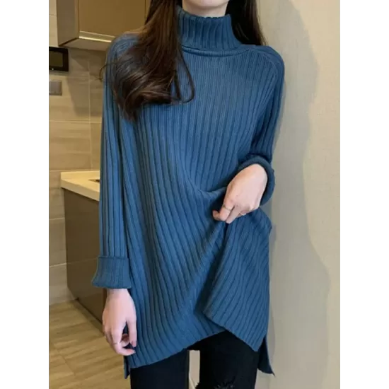 Casual Long Sleeves Loose Split-Side Solid Color High-Neck Sweater Tops