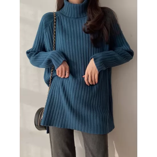 Casual Long Sleeves Loose Split-Side Solid Color High-Neck Sweater Tops