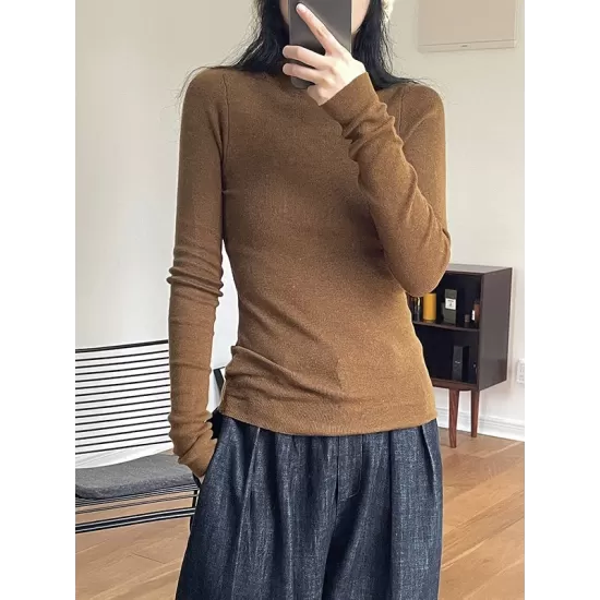 Solid Color Long Sleeves Skinny High-Neck Sweater Tops Pullovers