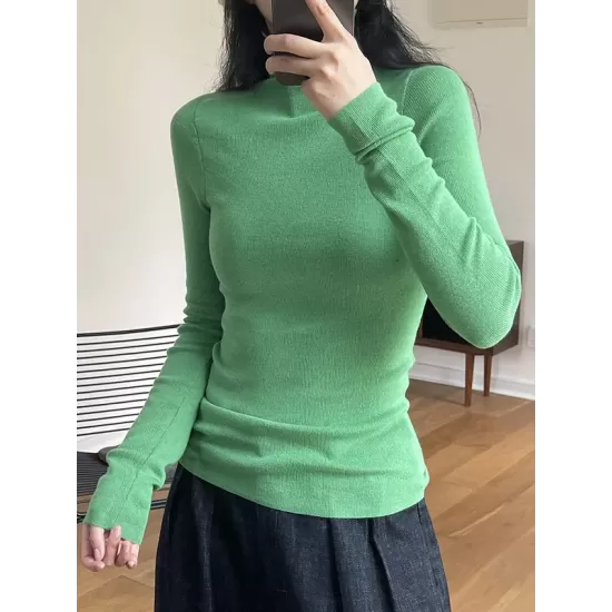 Solid Color Long Sleeves Skinny High-Neck Sweater Tops Pullovers