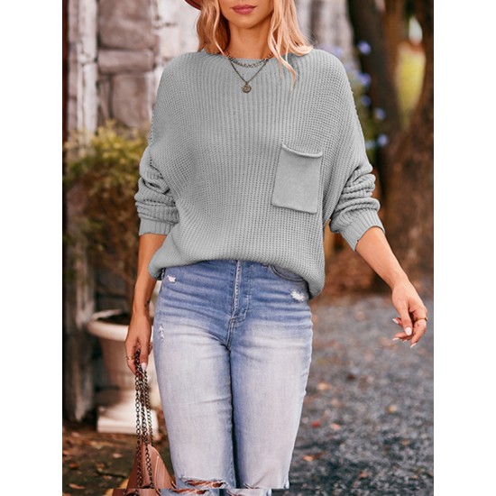 Hollow Pockets Solid Color Batwing Sleeves Long Sleeves Round-Neck Sweater Tops Pullovers Knitwear