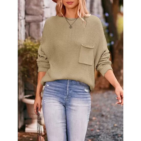 Hollow Pockets Solid Color Batwing Sleeves Long Sleeves Round-Neck Sweater Tops Pullovers Knitwear