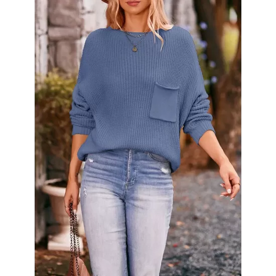 Hollow Pockets Solid Color Batwing Sleeves Long Sleeves Round-Neck Sweater Tops Pullovers Knitwear