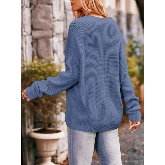 Hollow Pockets Solid Color Batwing Sleeves Long Sleeves Round-Neck Sweater Tops Pullovers Knitwear