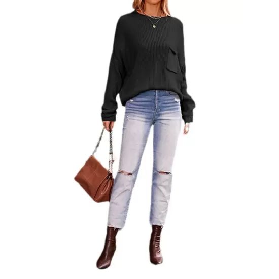 Hollow Pockets Solid Color Batwing Sleeves Long Sleeves Round-Neck Sweater Tops Pullovers Knitwear