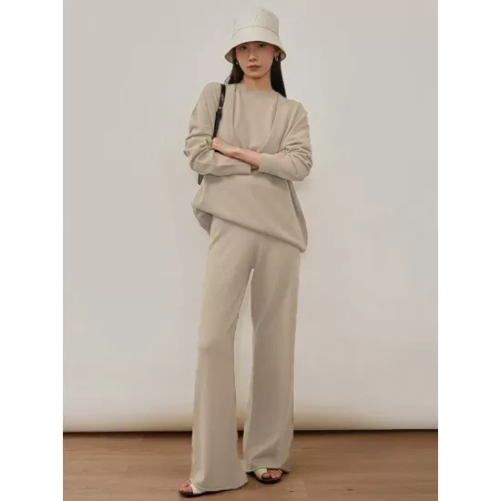 Urban Loose Solid Round-Neck Vest Top& V-Neck Sweater Tops& Wide Leg Pants Three-Piece Set