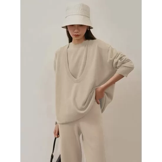 Urban Loose Solid Round-Neck Vest Top& V-Neck Sweater Tops& Wide Leg Pants Three-Piece Set