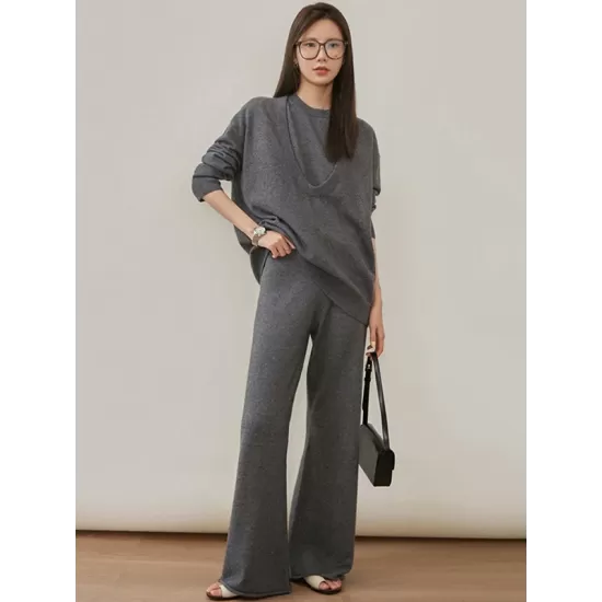 Urban Loose Solid Round-Neck Vest Top& V-Neck Sweater Tops& Wide Leg Pants Three-Piece Set