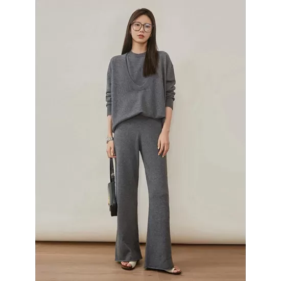 Urban Loose Solid Round-Neck Vest Top& V-Neck Sweater Tops& Wide Leg Pants Three-Piece Set