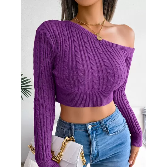 Solid Color Long Sleeves Skinny One-Shoulder Sweater Tops Pullovers