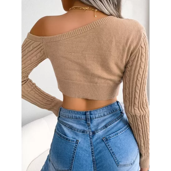 Solid Color Long Sleeves Skinny One-Shoulder Sweater Tops Pullovers