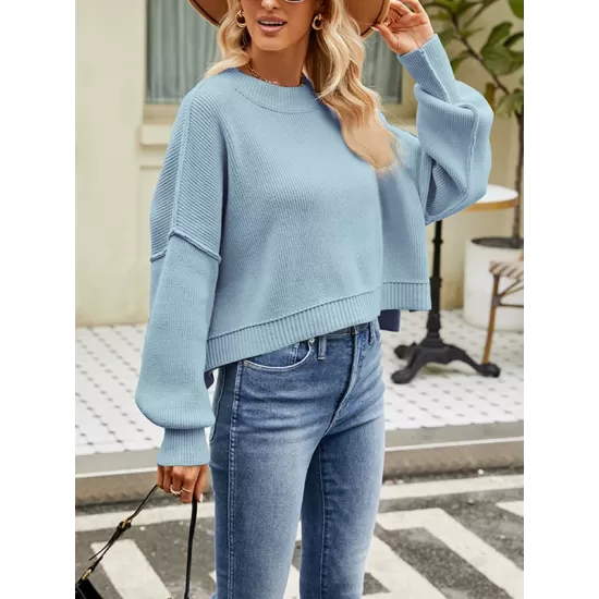 Solid Color Split-Joint Split-Side Batwing Sleeves High-Low Round-Neck Sweater Tops Pullovers