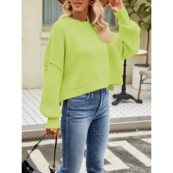 Solid Color Split-Joint Split-Side Batwing Sleeves High-Low Round-Neck Sweater Tops Pullovers