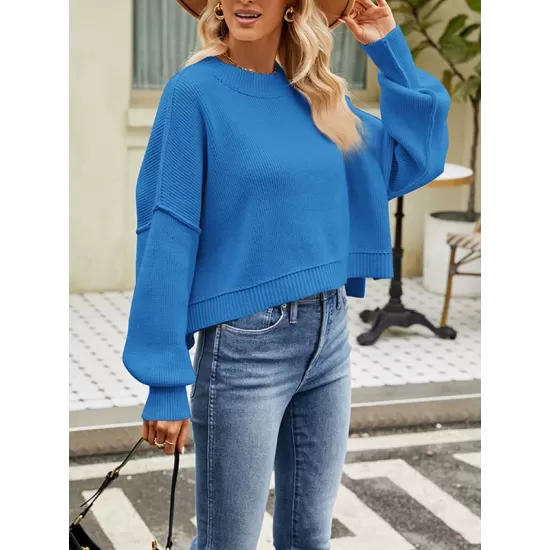 Solid Color Split-Joint Split-Side Batwing Sleeves High-Low Round-Neck Sweater Tops Pullovers