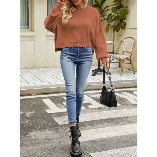 Solid Color Split-Joint Split-Side Batwing Sleeves High-Low Round-Neck Sweater Tops Pullovers