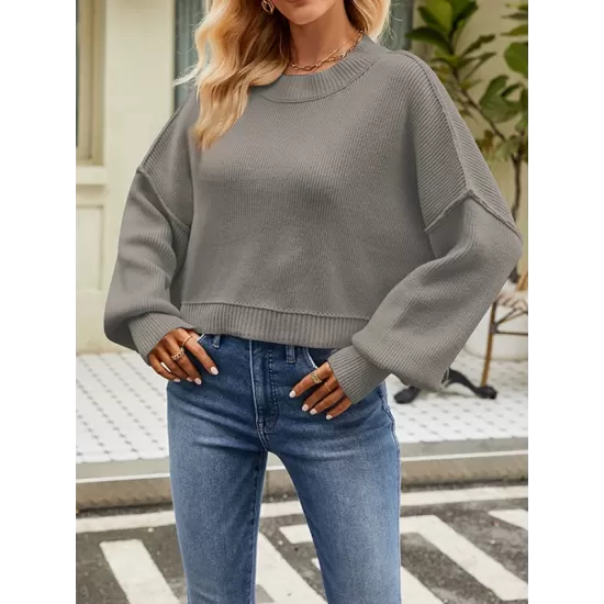 Solid Color Split-Joint Split-Side Batwing Sleeves High-Low Round-Neck Sweater Tops Pullovers