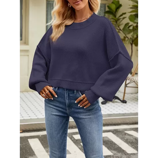 Solid Color Split-Joint Split-Side Batwing Sleeves High-Low Round-Neck Sweater Tops Pullovers