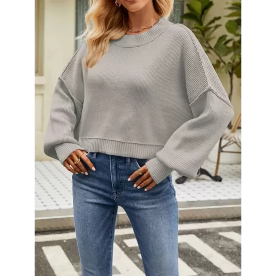 Solid Color Split-Joint Split-Side Batwing Sleeves High-Low Round-Neck Sweater Tops Pullovers