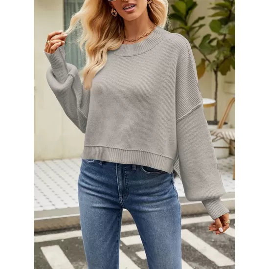 Solid Color Split-Joint Split-Side Batwing Sleeves High-Low Round-Neck Sweater Tops Pullovers