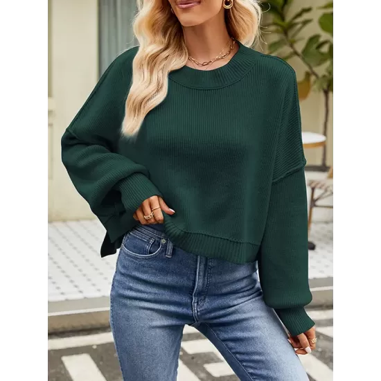 Solid Color Split-Joint Split-Side Batwing Sleeves High-Low Round-Neck Sweater Tops Pullovers