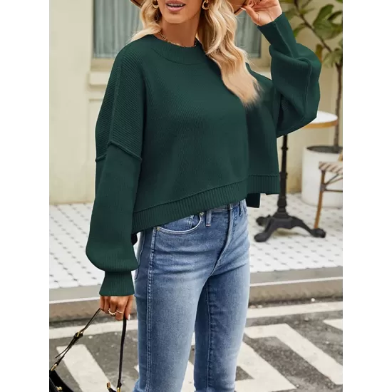 Solid Color Split-Joint Split-Side Batwing Sleeves High-Low Round-Neck Sweater Tops Pullovers