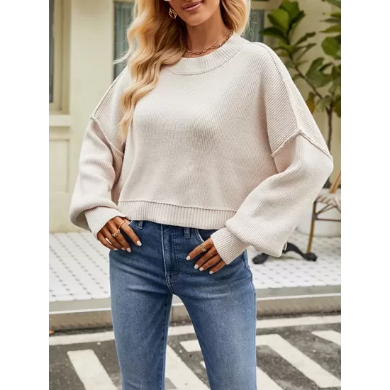 Solid Color Split-Joint Split-Side Batwing Sleeves High-Low Round-Neck Sweater Tops Pullovers