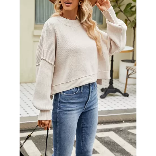 Solid Color Split-Joint Split-Side Batwing Sleeves High-Low Round-Neck Sweater Tops Pullovers