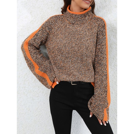 Casual Long Sleeves Loose Contrast Color Half Turtleneck Sweater Tops