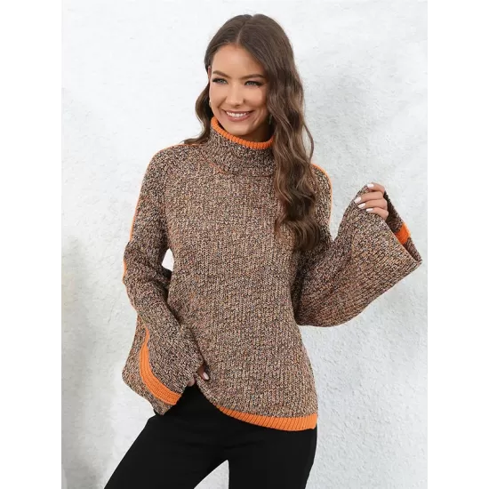 Casual Long Sleeves Loose Contrast Color Half Turtleneck Sweater Tops