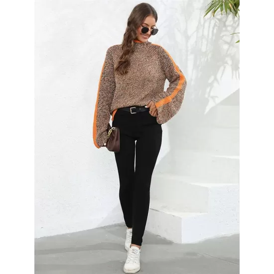 Casual Long Sleeves Loose Contrast Color Half Turtleneck Sweater Tops