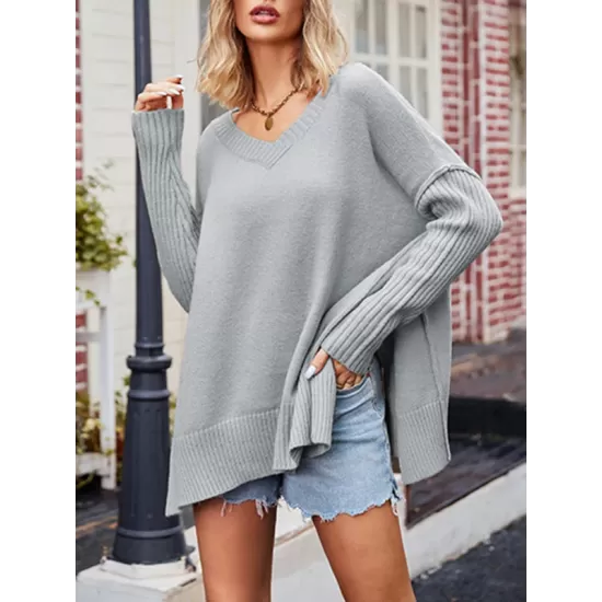 Solid Color Split-Side Batwing Sleeves Long Sleeves V-Neck Sweater Tops Pullovers Knitwear