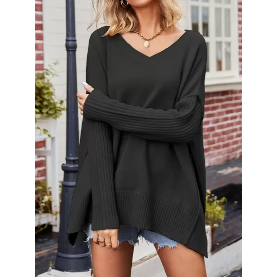 Solid Color Split-Side Batwing Sleeves Long Sleeves V-Neck Sweater Tops Pullovers Knitwear