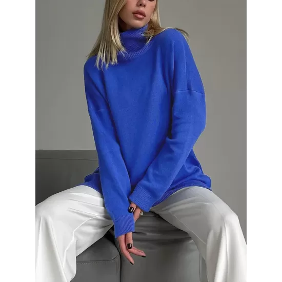 Casual Loose Long Sleeves Split-Side Solid Color High-Neck Sweater Tops