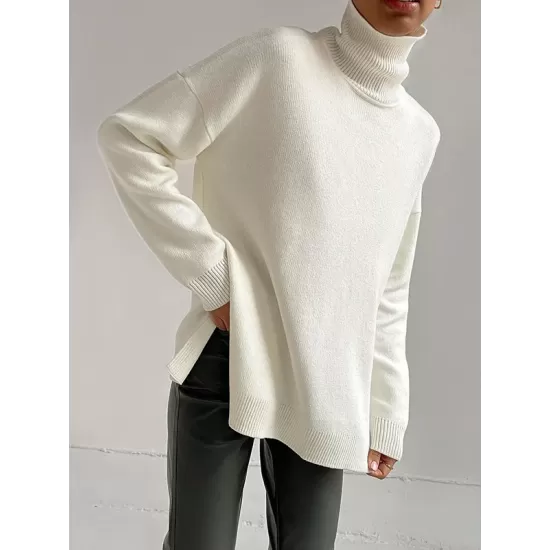 Casual Loose Long Sleeves Split-Side Solid Color High-Neck Sweater Tops