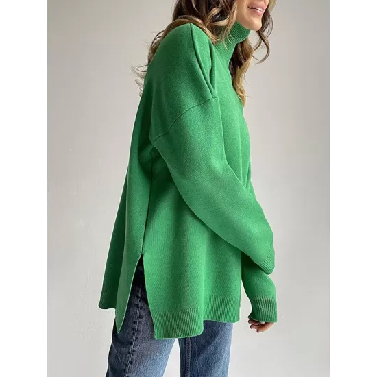 Casual Loose Long Sleeves Split-Side Solid Color High-Neck Sweater Tops